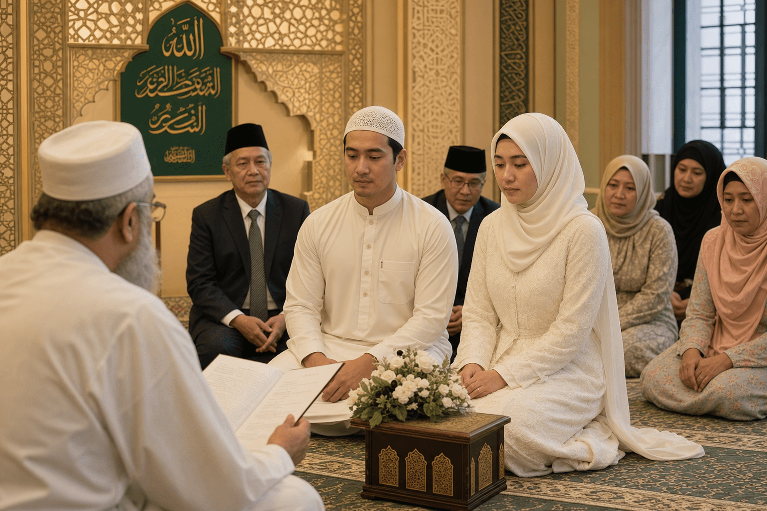 A Muslim nikah ceremony inside a mosque in Japan — couple with imam and family