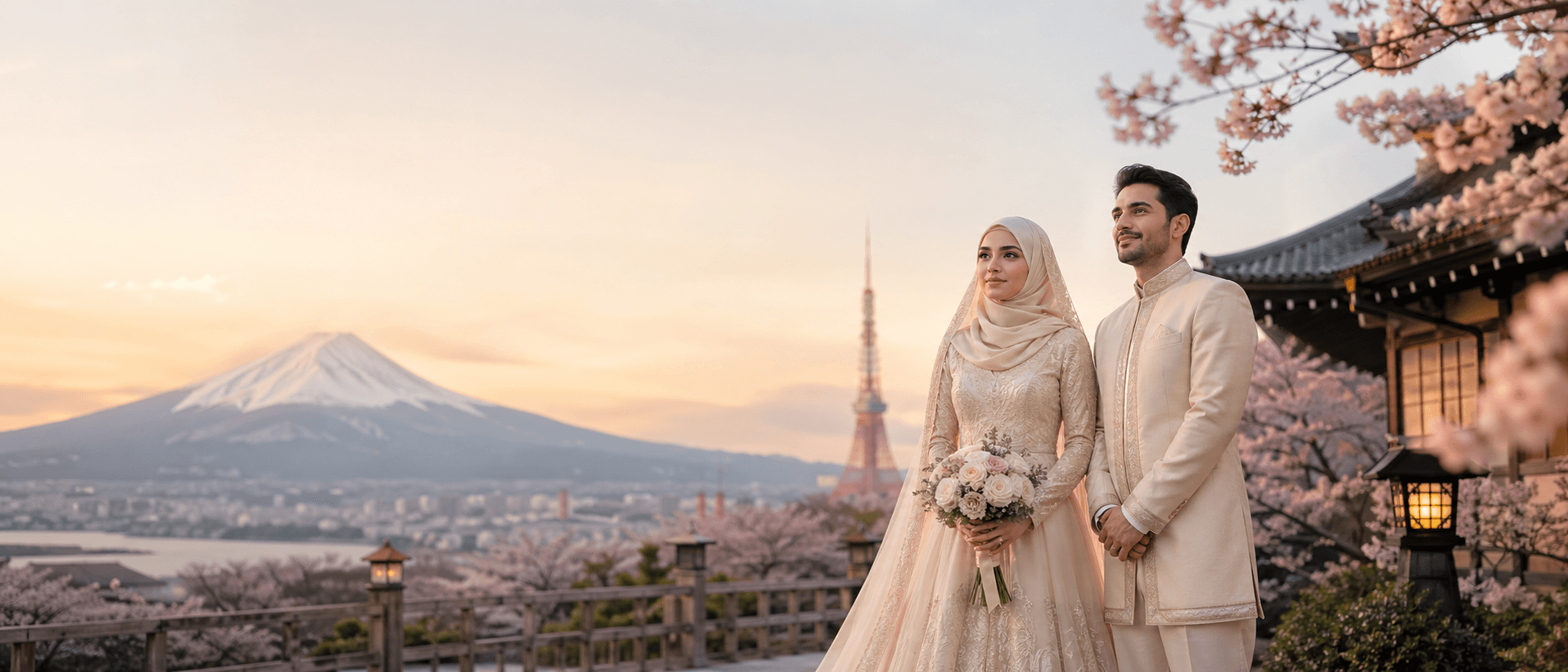 Muslim bride and groom in Japan with Mount Fuji and cherry blossoms